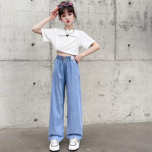 女童夏季冰丝薄款直筒阔腿牛仔裤小学生宽松休闲初中学生夏季薄款