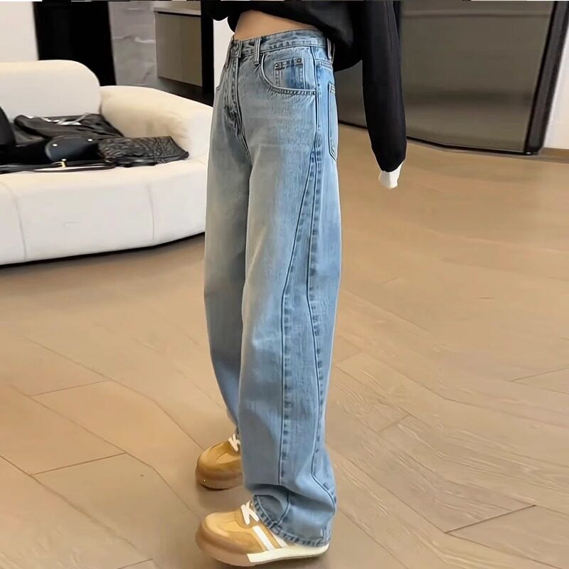 Retro blue wide-leg jeans for women, spring 2026 new style, high-waisted, slimming, straight-leg, floor-length pants for petite figures