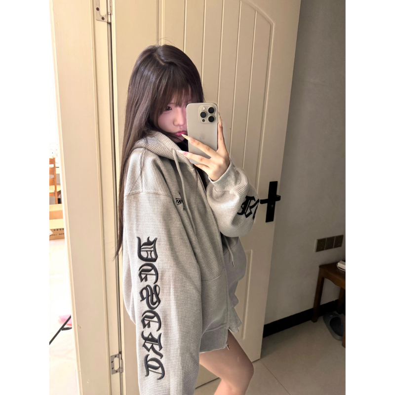 美式高街华夫格哥特风字母连帽卫衣女2025秋冬款开衫拉情侣装外套|undefined