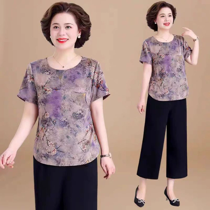 Silk summer clothing for mother, sleeves, summer set, with short sleeve, western style