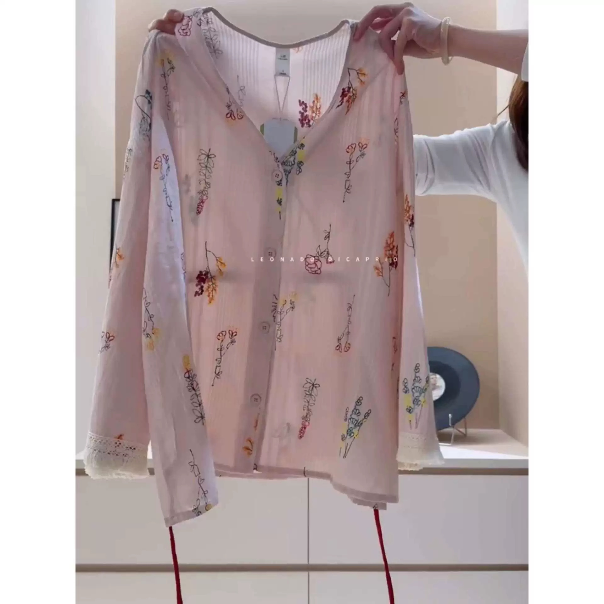 Cute retro spring pijama, summer trousers, cardigan, set, V-neckline, flowered, 3 piece set