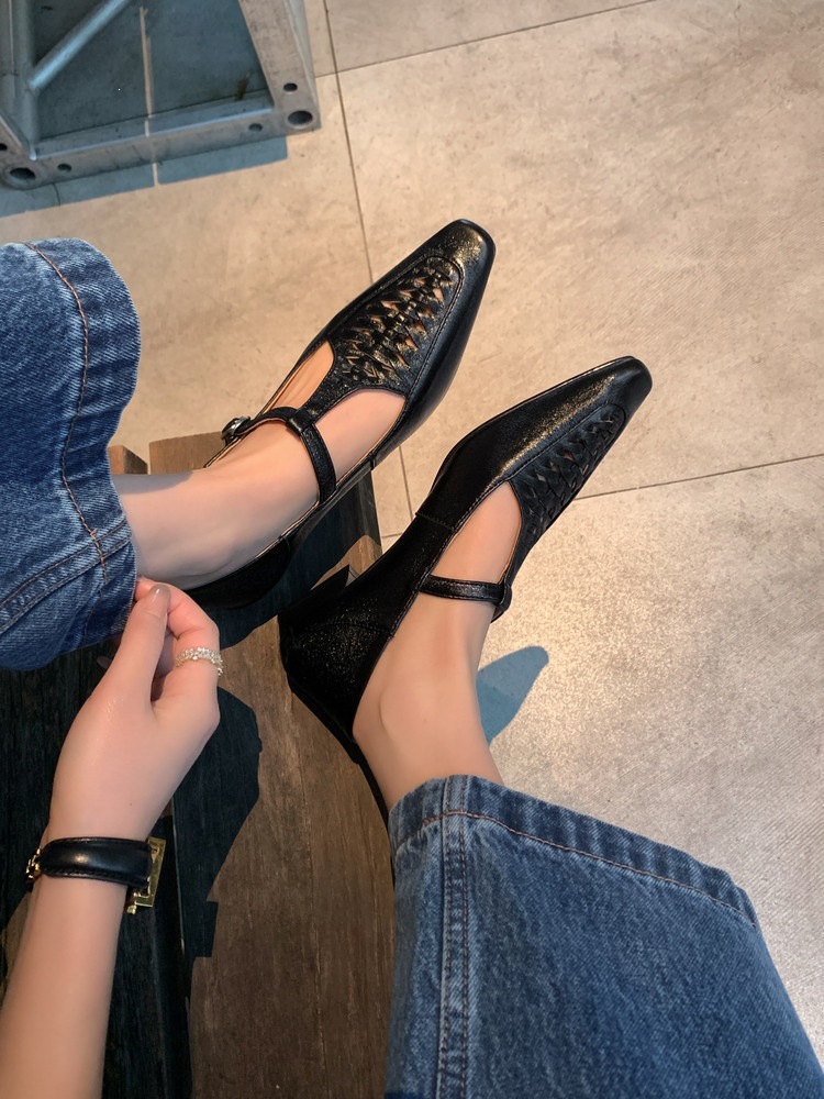 Giày Mary Jane nữ đan T-Strap da thật mũi vuông đế bệt — màu đen, bạc chi tiết 55