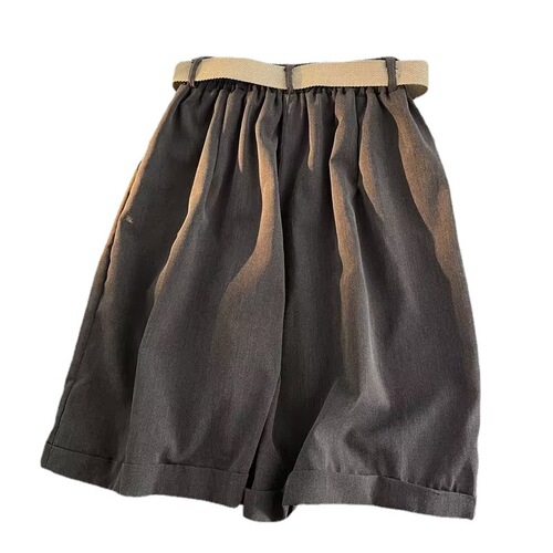 Pure Color Belt Suit Shorts Men Casual Loose Ins Trend Thin Outerwear Sports Five-Finger Wide Leg Mid Pants