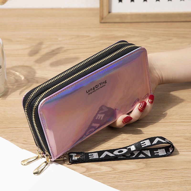 New Women's Long Wallet Double Zipper Mobile Phone Bag Student Laser Wallet Large Capacity Clutch Soft Coin Purse
