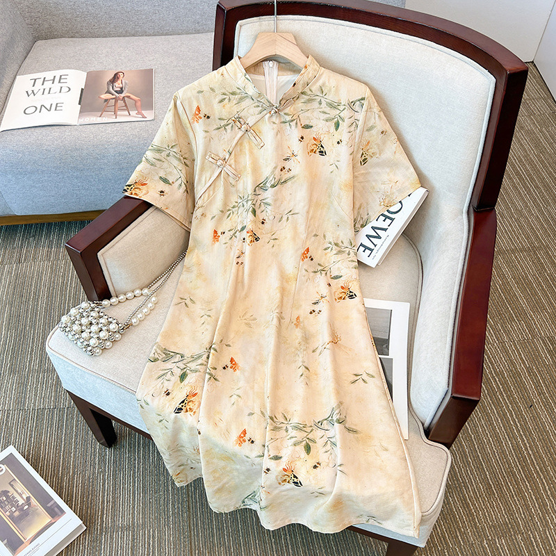 Women's Clothing Supply Dropshipping Plus Size Plus Size Women's Summer New Chinoiserie Improved Cheongsam Niche Floral Dress
