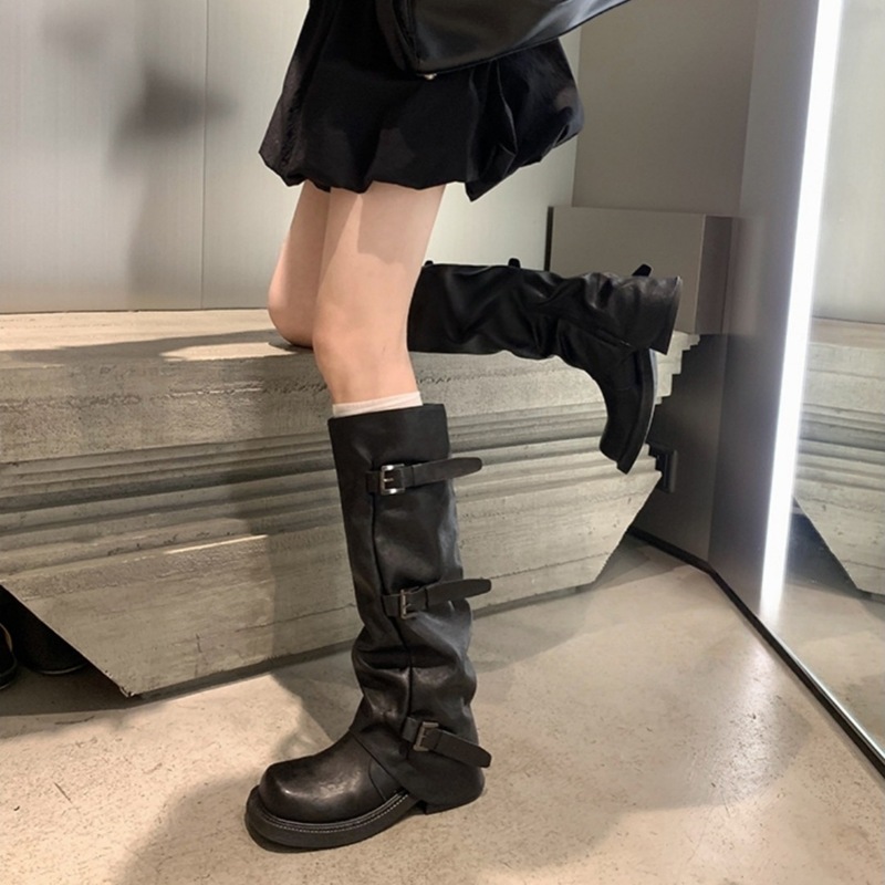 2025真皮厚底皮带扣西部靴子女拖地靴皱褶堆堆靴中长筒裤管靴|undefined