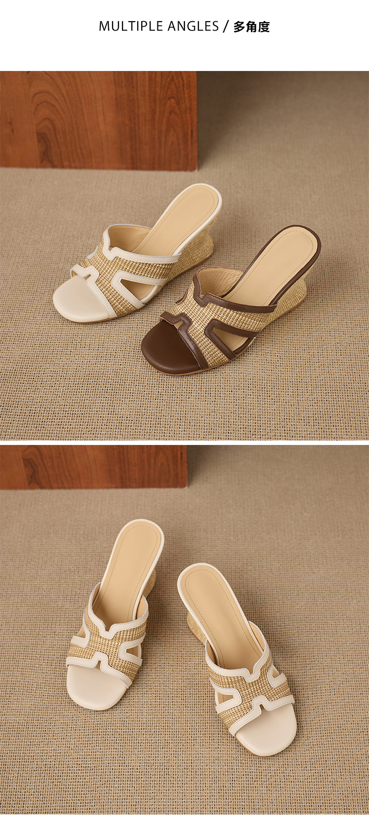Sandal cao gót nữ mũi vuông hở ngón đế xuồng đan rơm phong cách nghỉ dưỡng — màu nâu, màu trắng ngà chi tiết 12