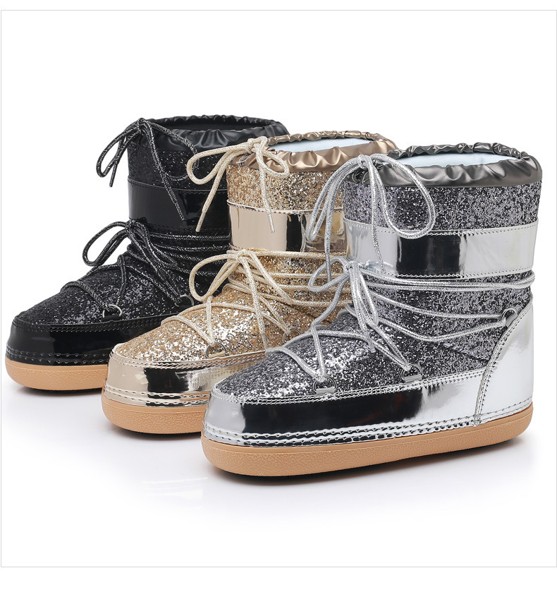 NOKOMETA European And American Winter Space Boots Platform Sequined Bread Short Boots Snow Boots Women's Tide Ski Shoes Straps 2025_voghion.com