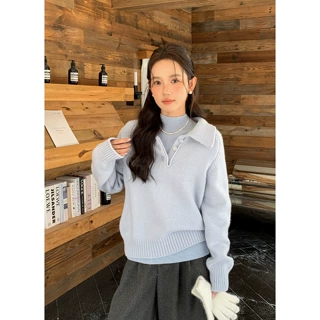 衣尔衫 韩系奶泡 翻领休闲落肩袖宽松厚款毛衣女新款秋冬上衣0724