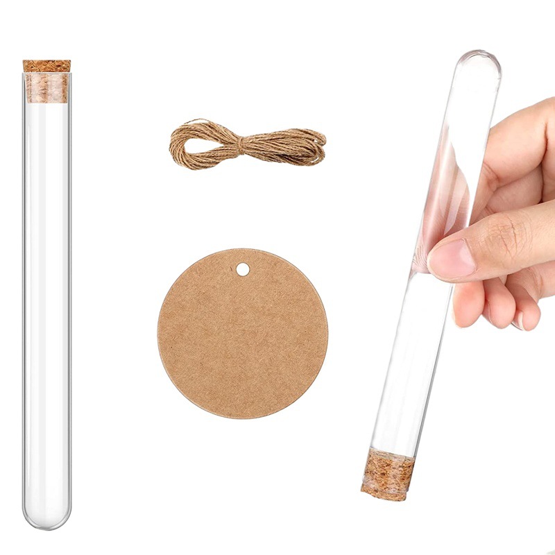 De gama alta caja de aviones traje PS tubo de ensayo de plástico con corcho embudo Etiqueta de cuerda de cáñamo 16*150mm especificaciones completas