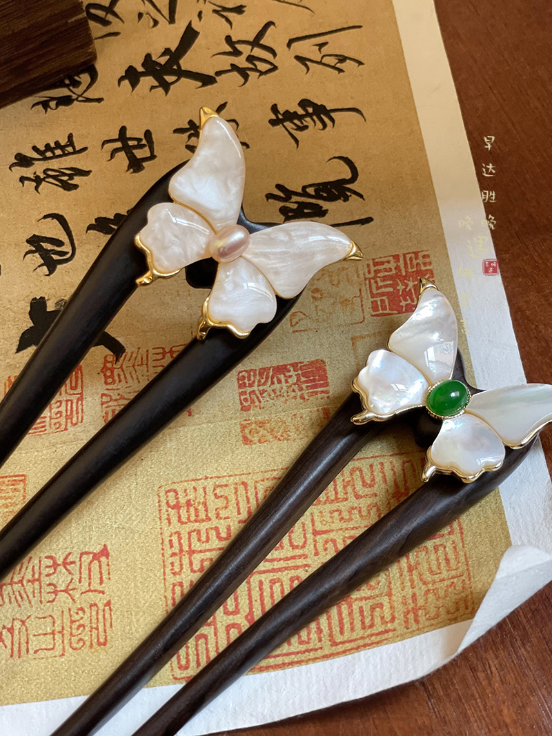 国风蝴蝶贝母U型发簪女气质盘发檀木簪子双钗丸子头旗袍发饰发钗-阿里巴巴