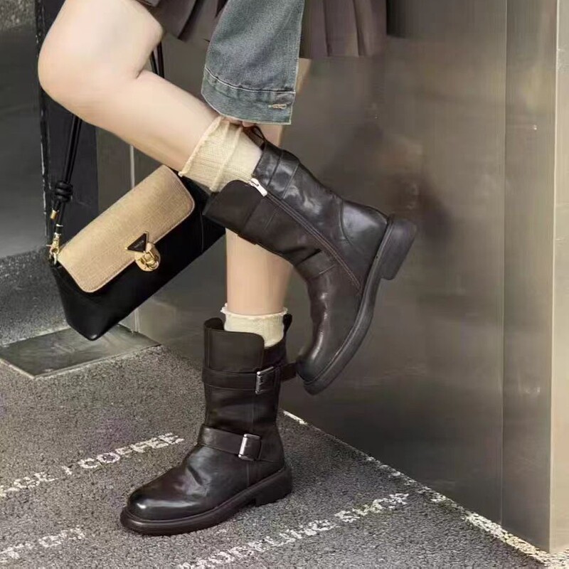 厚底骑士靴女2025秋新款真皮时尚百搭舒适圆头一脚蹬韩版机车靴子|undefined