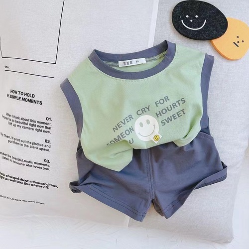 Pure Cotton INS Korean Style Children's Smiling Sleeveless Tank Top and Shorts Set for Boys Fashion Thin Summer Two-Piece Set