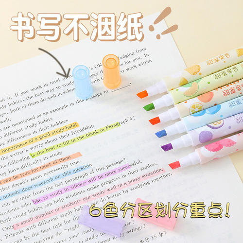 Double-headed fruit-scented fluorescent pen, non-toxic, student plastic painting pen, PVC packaged fruit-scented fluorescent marker pen, wholesale