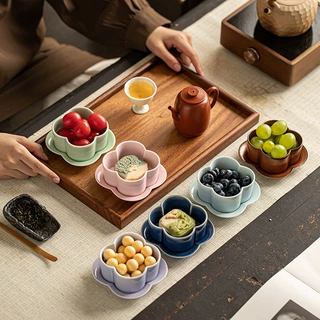 陶瓷小号水果盘茶点碟中式点心盘火锅碟干果零食盘竹制托盘实木盘