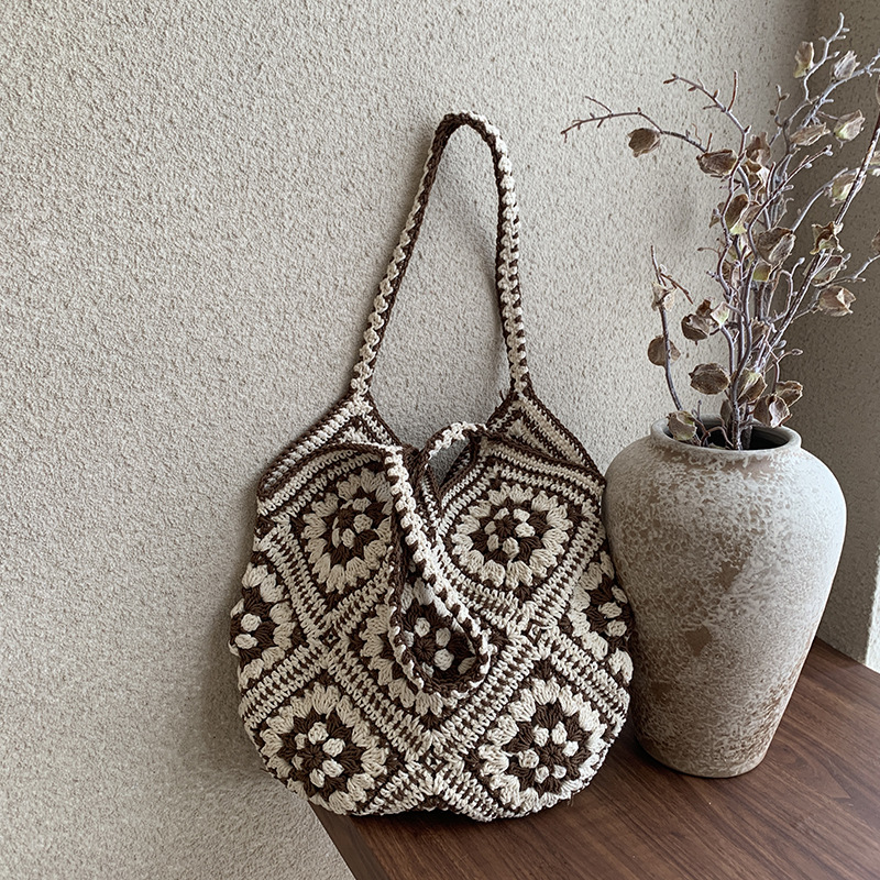 Cross-Border Crochet Knit Tote Bag, Handmade Women's Casual Travel Shoulder Bag, New Arrival Vacation Bag