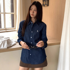 原版RL拉夫牛仔衬衫女装小马标刺绣美式复古衬衣老钱风polo领上衣