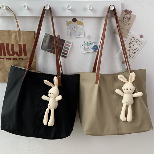 ins nylon canvas women's shoulder bag Japanese style literary fresh Hong Kong style simple solid color blank shopping bag tote bag