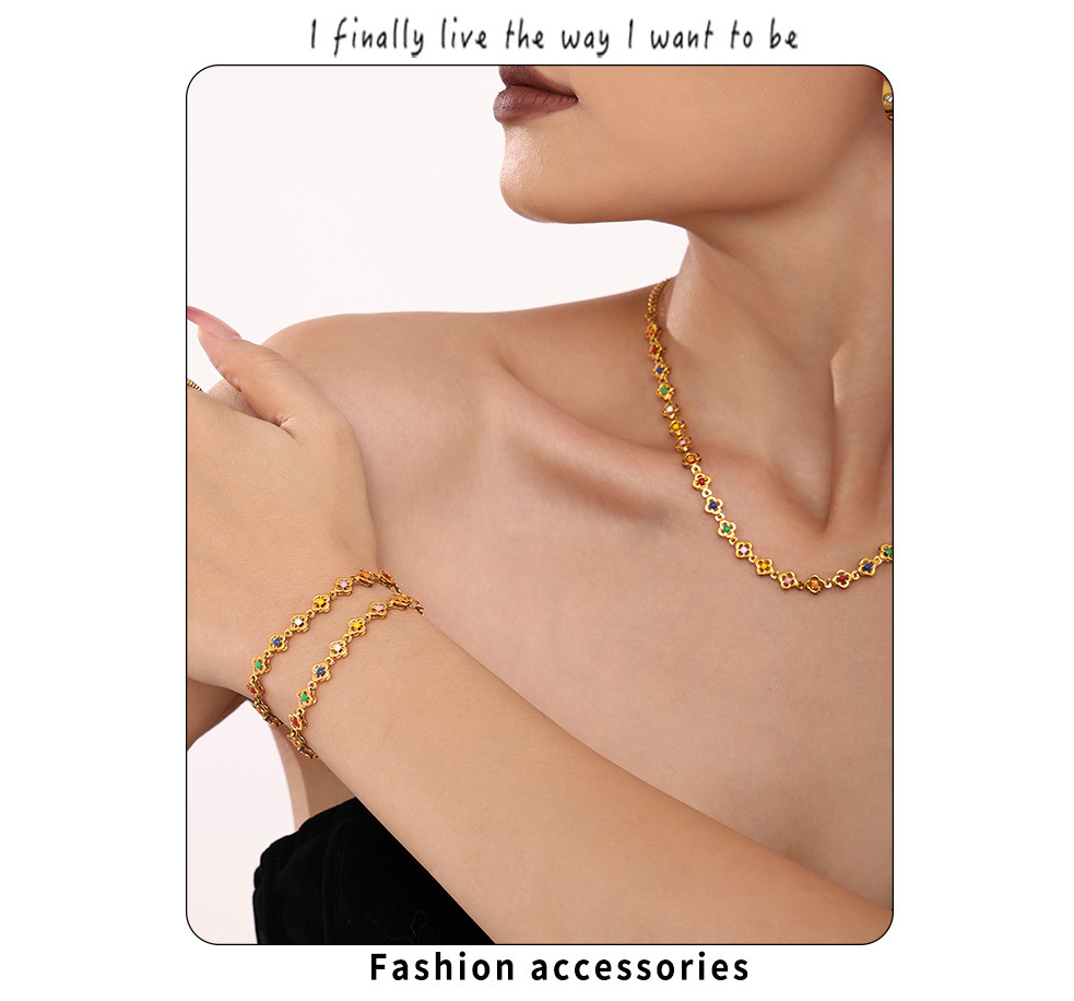 Set Collier Et Bracelet Motif Fleur En Acier Inoxydable_voghion.com