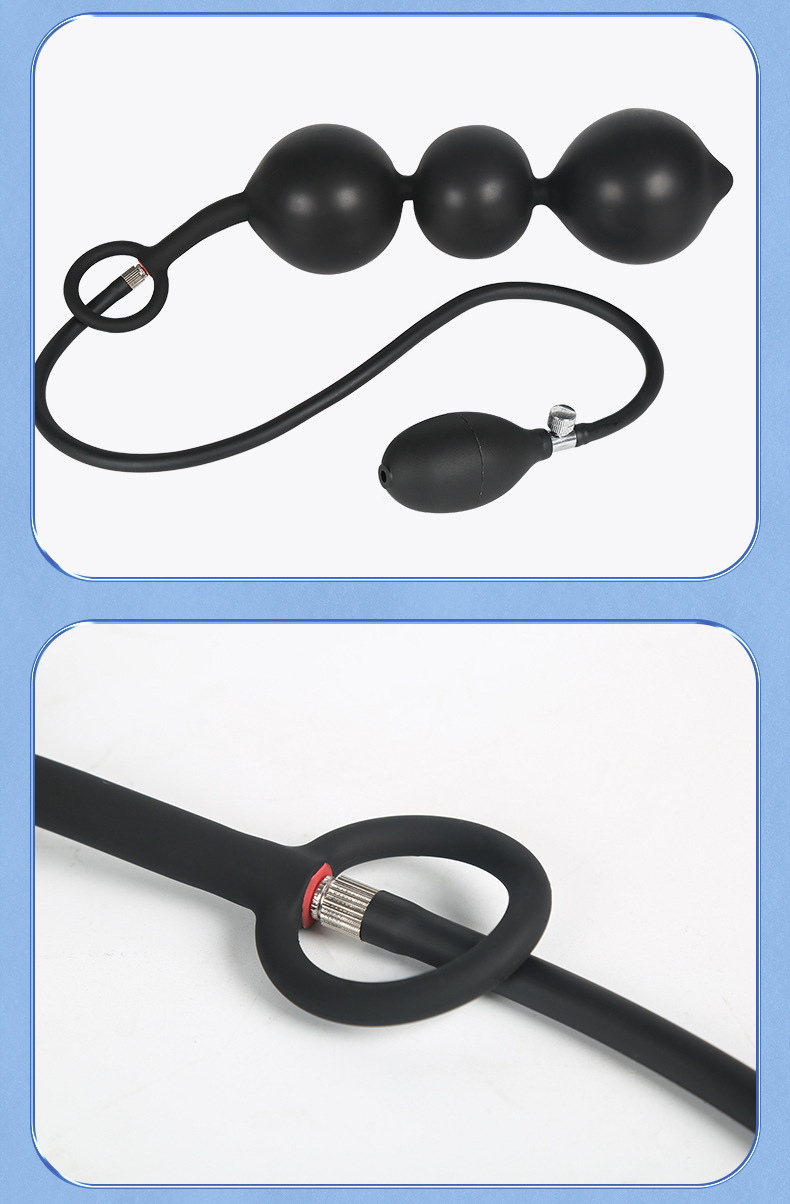 Detachable Inflatable Anal Plug with Steel Balls, Black Silicone, 3-Bead Expander — detail image 30