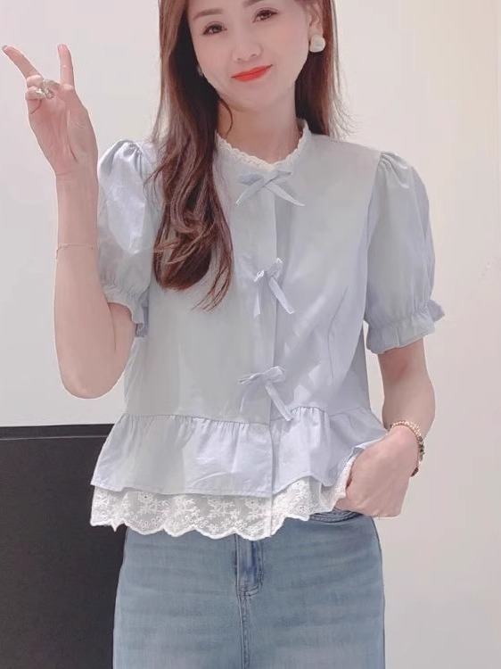 ブルー半袖シャツ女性の夏の 2025 新しいシャツフレンチレースステッチ偽ツーピーストップ女性|undefined