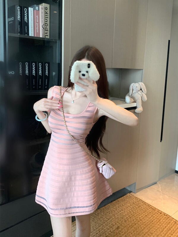 Pink U-Neck Striped Sheer Sleeveless Dress for Women, Summer Knit Flared Skirt, Pure Desire Style, Waist-Cinching A-Line Short Dress Pink U-Neck Striped Sheer Sleeveless Dress for Women, Summer Knit Flared Skirt, Pure Desire Style, Waist-Cinching A-Line Short Dress