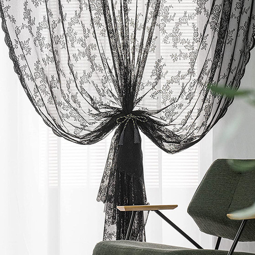 Cross-border dropshipping Korean-style black wave lace curtain for living room, bedroom, balcony, light-proof window curtain partition curtain set