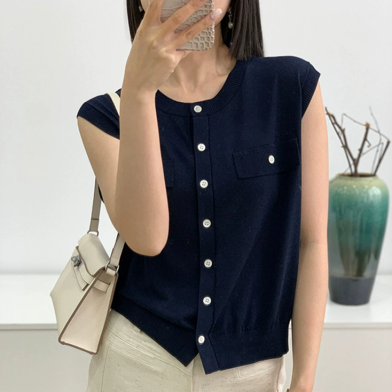 Аутентичный вязаный кардиган из тутового шелка, футболка для женщин, летняя новая свободная футболка из ледяного шелка с круглым вырезом и правым плечом, топ в западном стиле