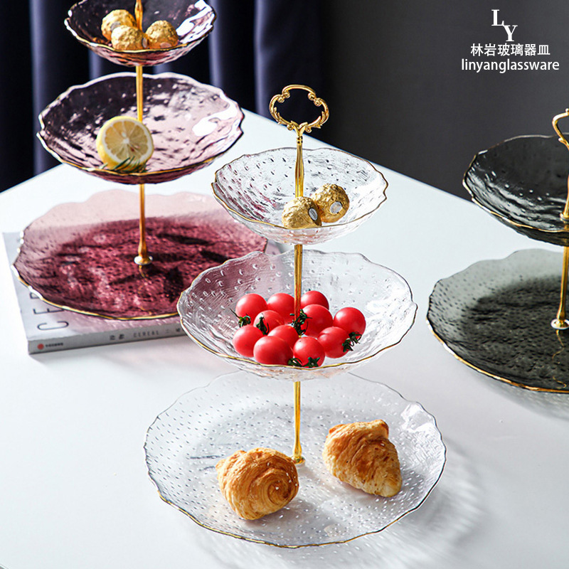 Lujo ligero Viento Phnom Penh vidrio de tres capas de frutas bandejas de alta calidad creativas dulces caseras pastel snack bandejas al por mayor