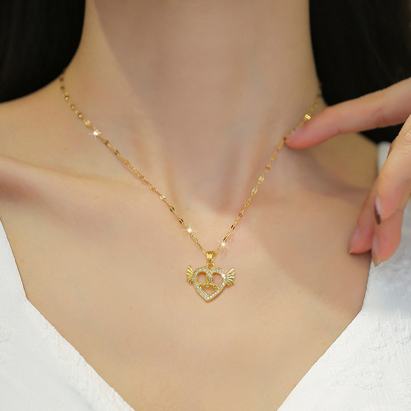 Fashion Heart Shape Wings Stainless Steel Copper Inlay Zircon Pendant Necklace 1 Piece