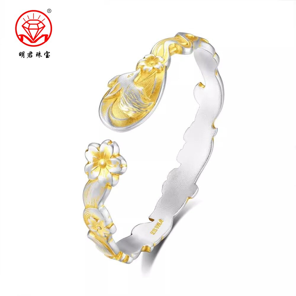 足银9999描金狐狸桃花纯银手镯女新中式高级感小众开口实心银镯子