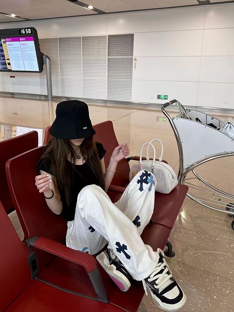 Womens Cross Embroidered White Wide Leg Jeans, High Waist Baggy Denim Pants, Casual Straight Leg Trousers For Daily Wear & Party Jeans Damen	_desvips.com