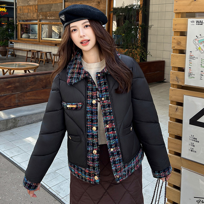 棉服女小香风格子撞色拼接防寒服显瘦洋气保暖棉袄短款外套小棉衣|undefined