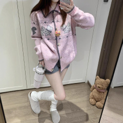 国潮牌秋季新款休闲百搭费尔岛针织开衫花纱小狗提花翻领毛衣外套
