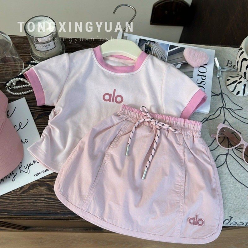 Children's Korean-style Children's Wear New Summer Girls Color-matching Letter Short-sleeved T-shirt Children's Pink Culottes Two-piece Set