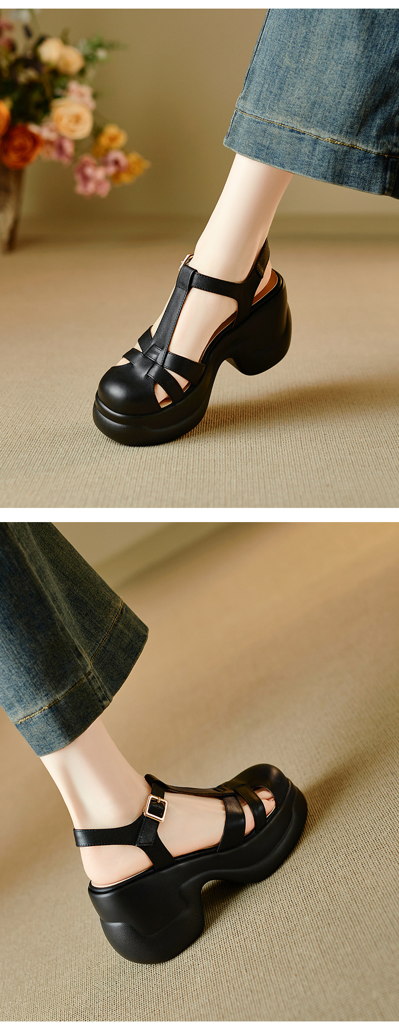 Sandal nữ quai chữ T đế xốp dày phong cách La Mã — đen chi tiết 6