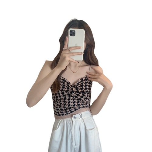Vest women's spring and summer French style inner wear chic houndstooth small suspenders pure desire short sweet hot girl sleeveless top wear outside