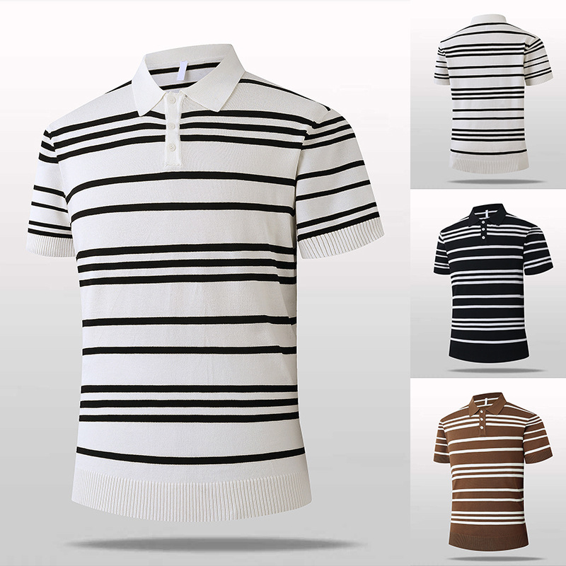 Polo camiseta de punto camiseta de manga corta hombre con solapa rayas viejas camisetas de hielo de negocios de verano fábrica transfronteriza al por mayor