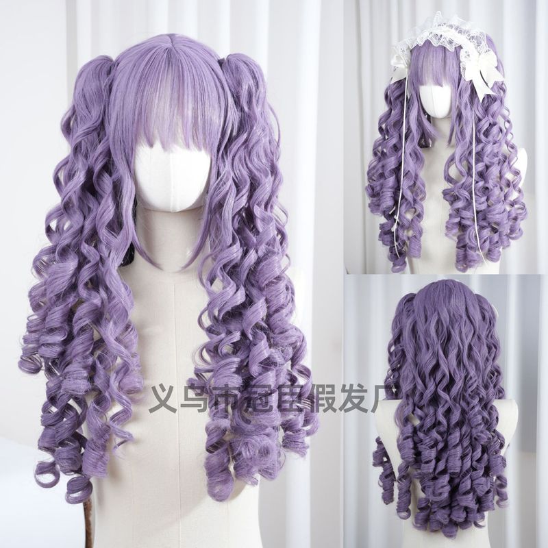 Wig Female Anime Purple Roman Roll Elegant Retro Double Ponytail Women Lolita Tiger Mouth Clip Wig Full Head Cover