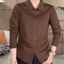秋季高级感翻领韩系衬衫显瘦内搭上衣女装单排扣简约开衫打底衫