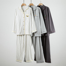 秋冬男女情侣条纹纯棉磨毛双股绒睡衣套装 家居服套装批发 代发
