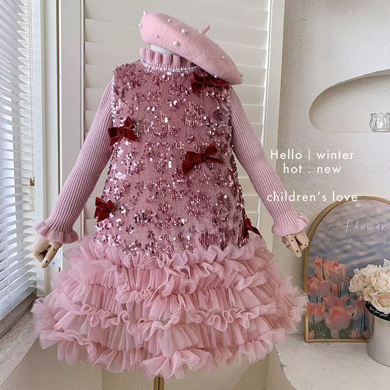 公主裙加绒女童连衣裙套装2025新款儿童亮片蝴蝶结裙子新年服装