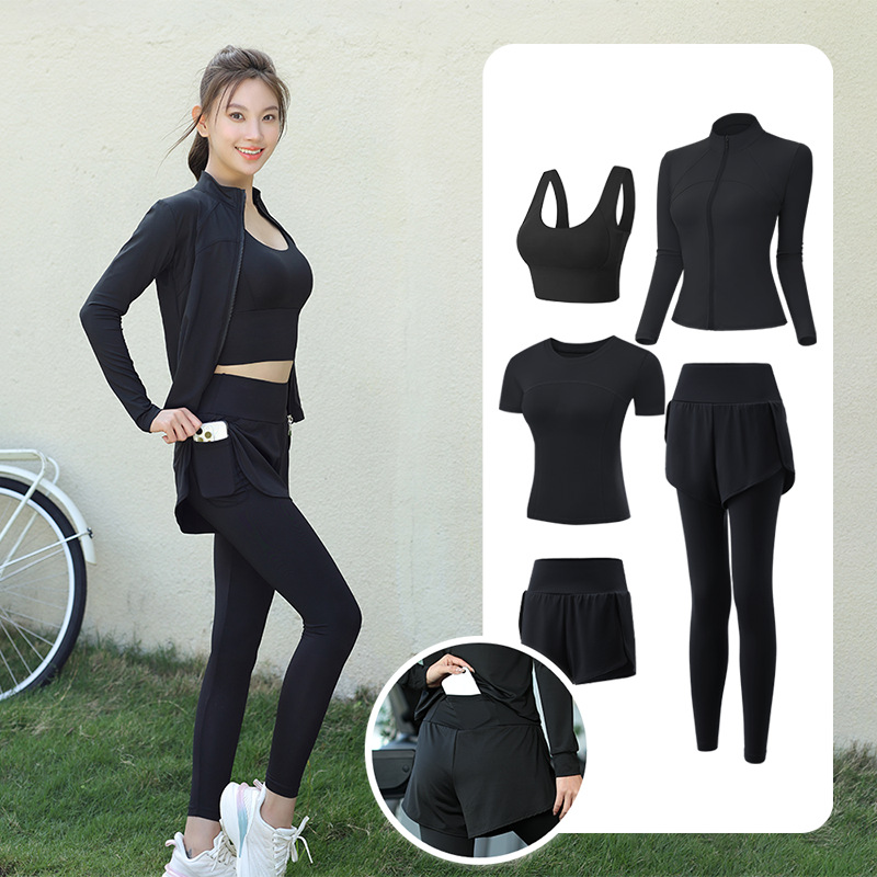 Trajes de yoga para mujeres de verano para correr ropa deportiva suelta rápida ropa seca bolsillo para correr trajes de mujeres de la mañana para correr comercio exterior