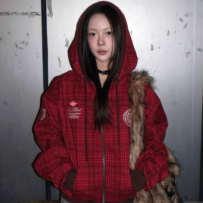 韓国 badblood bcac シリーズチェック柄フード付きスウェットシャツレディースデザインスポーツカジュアルカーディガンジャケットトレンディ|undefined