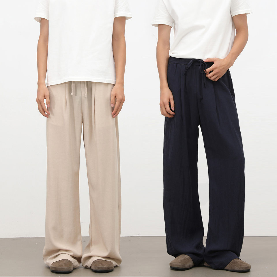 Quần casual nam vải Lyocell pha lanh dây rút, dáng rộng ống suông, mỏng nhẹ — Màu kaki, Màu xanh tím than