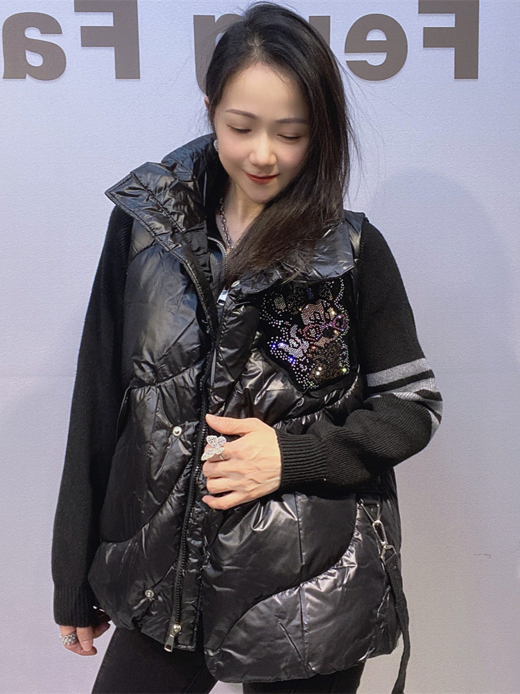 Marca de moda de mujer industria pesada caliente de diamante de algodón chaleco con cremallera cardigan chaqueta de hombro de invierno nuevo suelto clip de aire extranjero