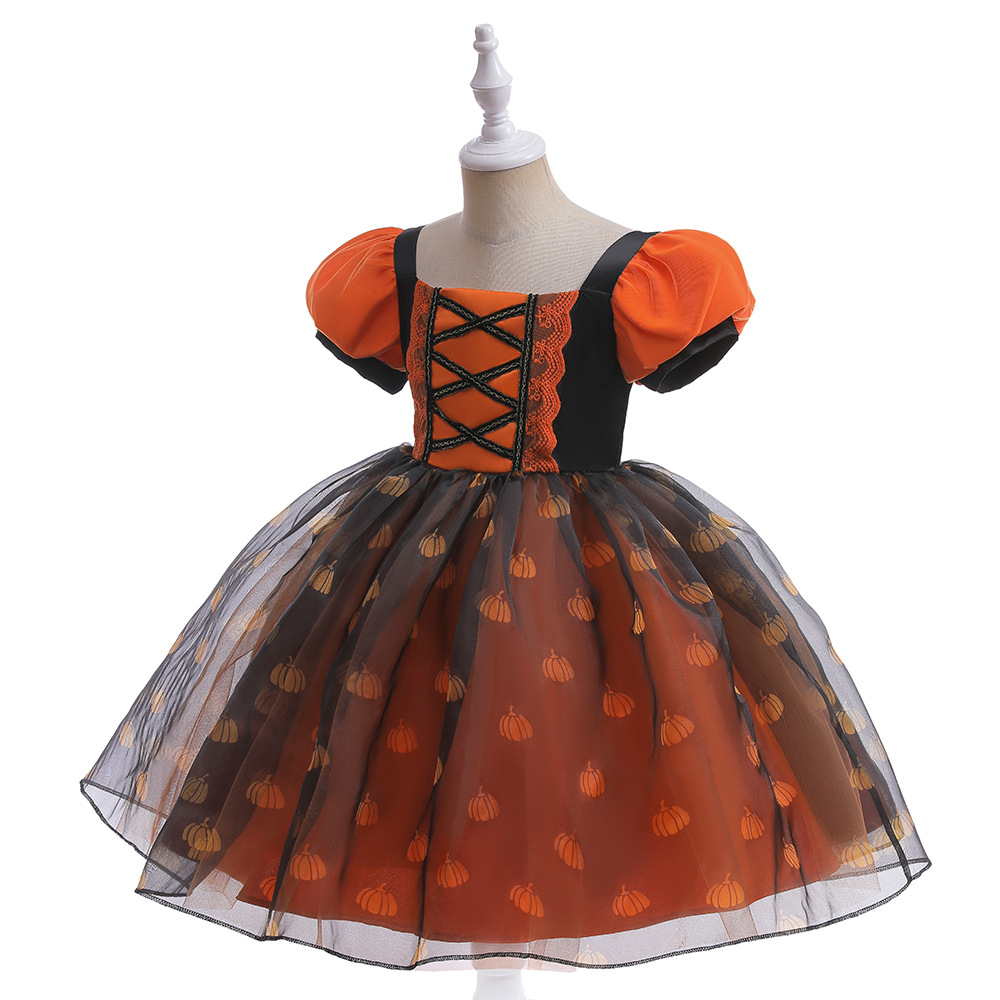 Nuevo en stock europeo y americano Halloween bola fiesta niños vestido puff manga costura calabaza vidrio hilo princesa vestido