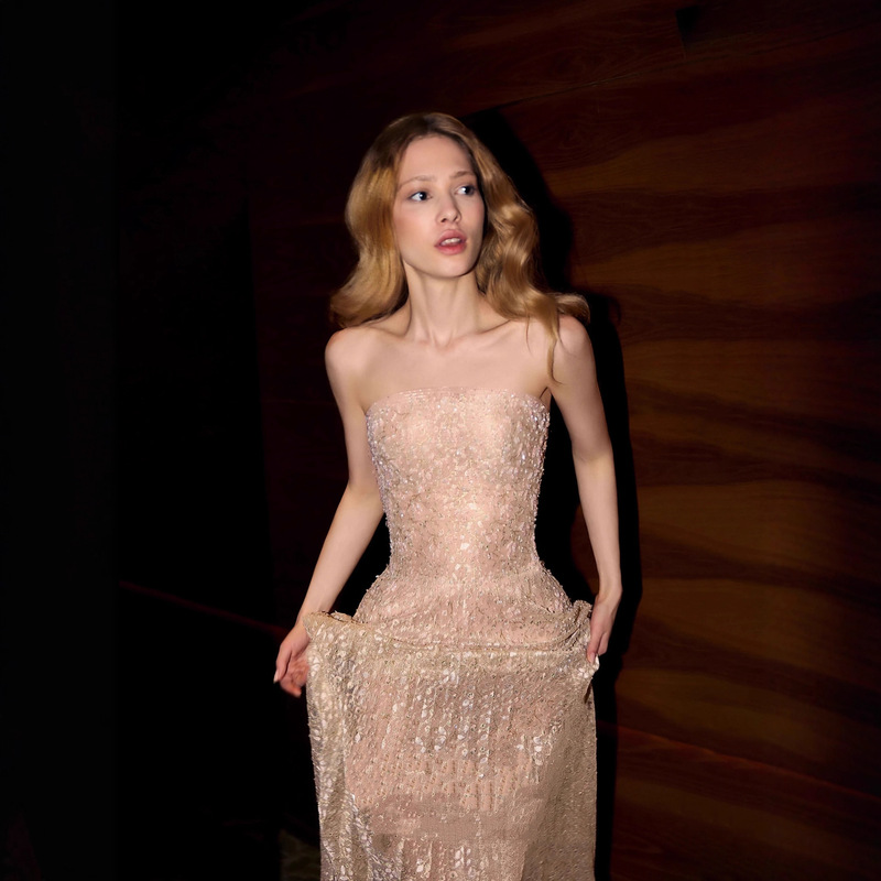 European and American Cross-Border French High-End Strapless Sequin Dress Lace Light Luxury Elegant Banquet Waist-Cinching Long Gown