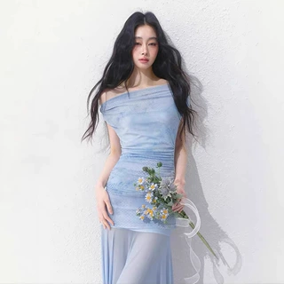 法式氛围感蓝色网纱一字肩连衣裙女修身气质海边度假a字长裙套装