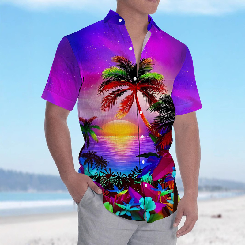 (Advanced Four-Way Stretch) 2025 New Cross-Border Hawaiian 3D Printed Color Matching Printed Short-Sleeved Shirt with Wide Flap Pocket Pantss